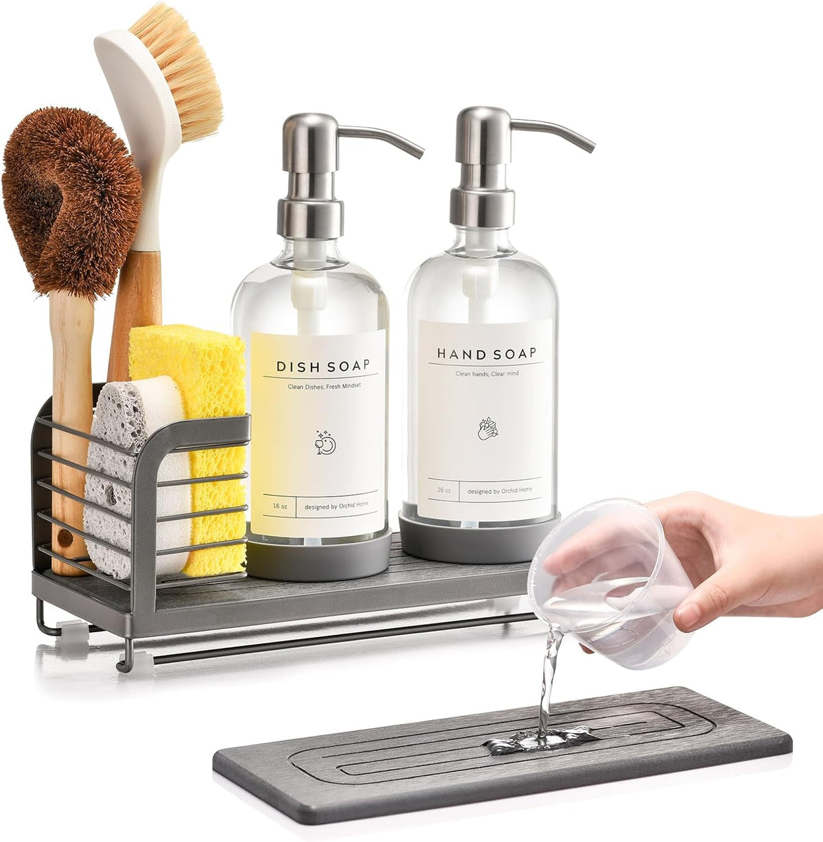 Kitchen Soap Dispenser Set with Drying Tray – 16oz Glass Bottles with Stainless Steel Pumps, Sink Organizer Caddy with Brush Holder & Non-Slip Feet – All-in-One Dish & Hand Soap Station