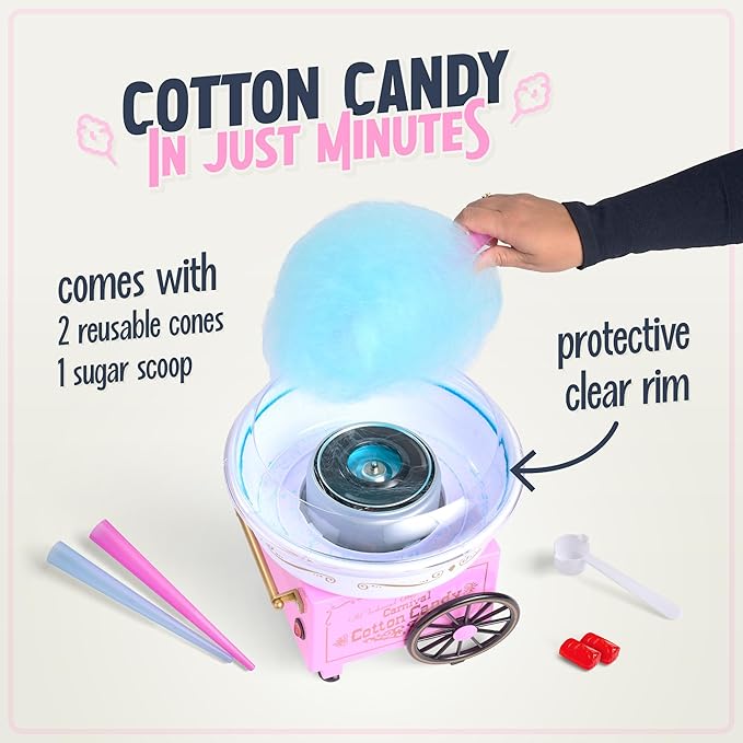 Nostalgia Vintage Hard and Sugar Free Candy Countertop Cotton Candy Maker, Includes 2 Reusable Cones And Sugar Scoop – Pink