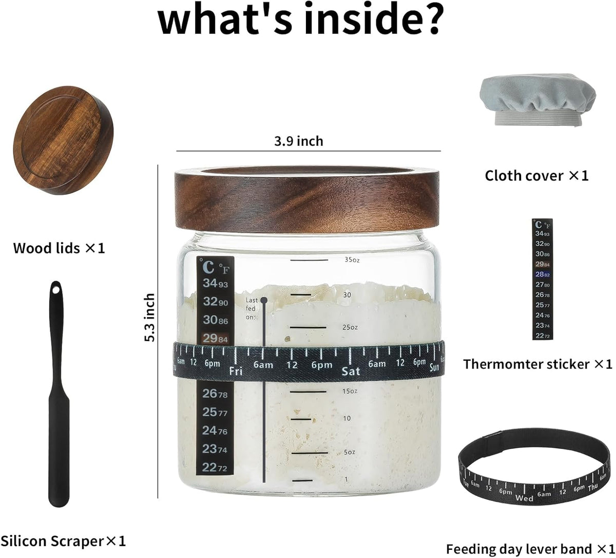 Wissy&Konny Sourdough Starter Jar 35OZ with Ounce Scale Line,Date Marked Feeding Band, Thermometer, Sourdough Jar Scraper, Cloth Cover & Wood Lid, Wide Mouth for Sourdough Bread Baking