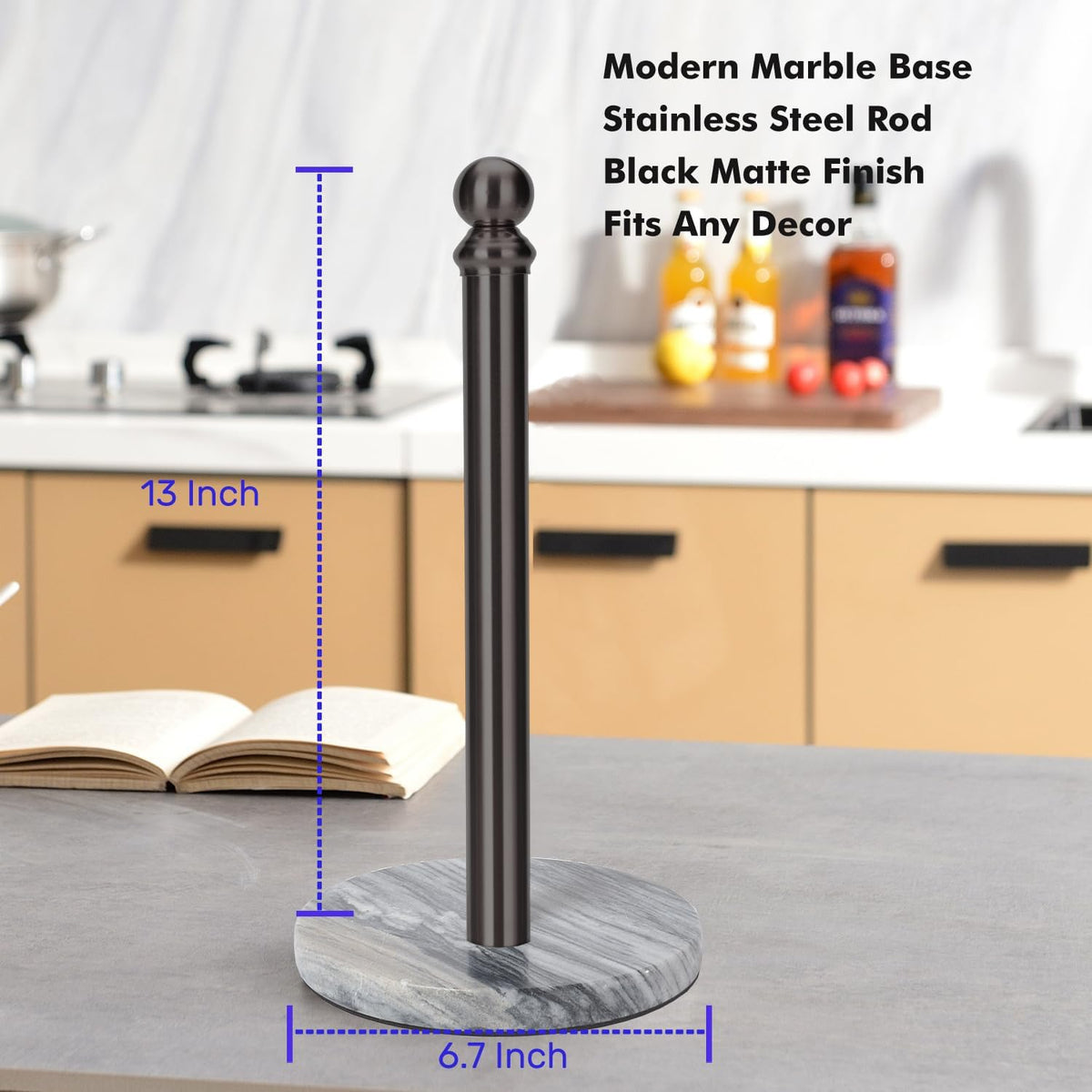 Black Paper Towel Holder Countertop with Heavy Marble Base, Standing Paper Towel Roll Holder for Kitchen Bathroom, with Weighted Base for One-Handed Operation