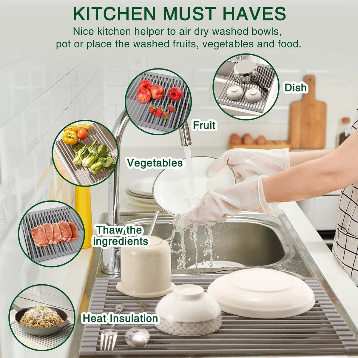 Roll Up Dish Drying Rack Over The Sink Kitchen Roll Up Sink Drying Rack Multipurpose Foldable Sink Drying Mat, Heat-Resistant, Anti-Slip & Anti-Rust Dish Rack for Kitchen, 17" x 13", Grey