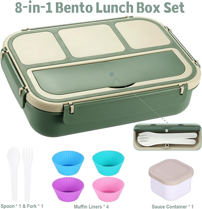 Bento Box Adult Lunch Box, Lunch Containers for Kids Girls Boys with 4 Compartments, Lunchable Food Container with Utensils, Sauce Jar, Muffin Liners, 40 Oz/5 Cup, Microwave & Dishwasher Safe, Green