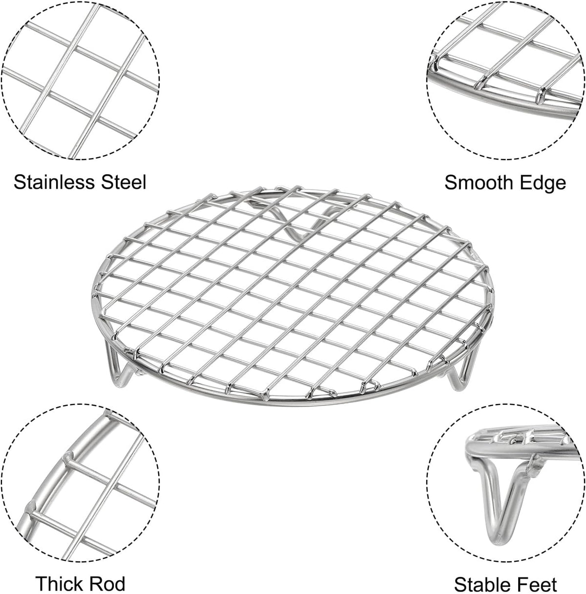 uxcell Round Cooking Rack with Legs, Dia 5.9 Inch 304 Stainless Steel Barbecue Grill for Cooking Baking Barbecue Air Fryer Racks, Silver
