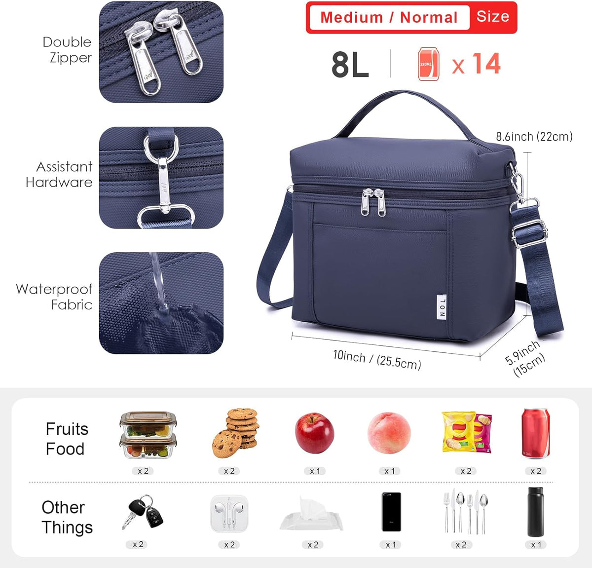 NOL Natural Organic Lifestyle Insulated Lunch Bags for Women Cooler Bag Lightweight Nylon Waterproof Lunch Box For Work (Navy blue, Medium(normal))