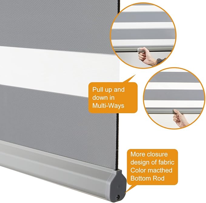 Persilux Zebra Blinds for Windows, Cordless Roller Blinds (34.5" W x 72" H, Grey) Light Filtering Sheer Window Treatments, Light Control for Day and Night, Room Darkening Roller Shades for Windows
