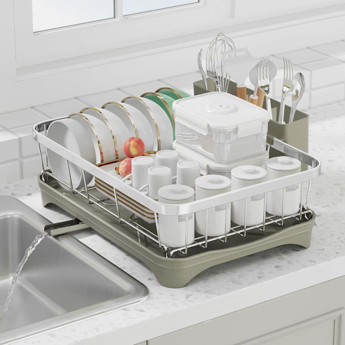Dish Drying Rack - 304 Stainless Steel Dish Rack, Adjustable Spout Auto-Draining Dish Drainers for Kitchen Counter, Large Capacity for Bowls, Cups, Dish Drainer with Drainboard Grey
