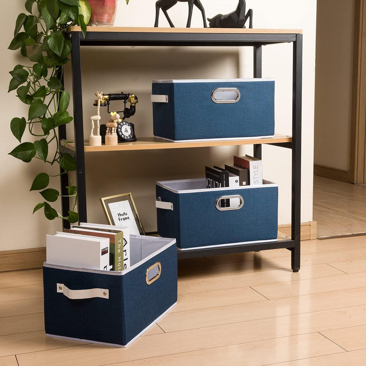 PRANDOM Fodable Storage Baskets for Closet [5-Pack] Decorative Fabric Storage Bins Cubes with Leather/Metal Handles for Shelves Bedroom Living Room Royal Blue (11.5x8.5x6.7 Inch)