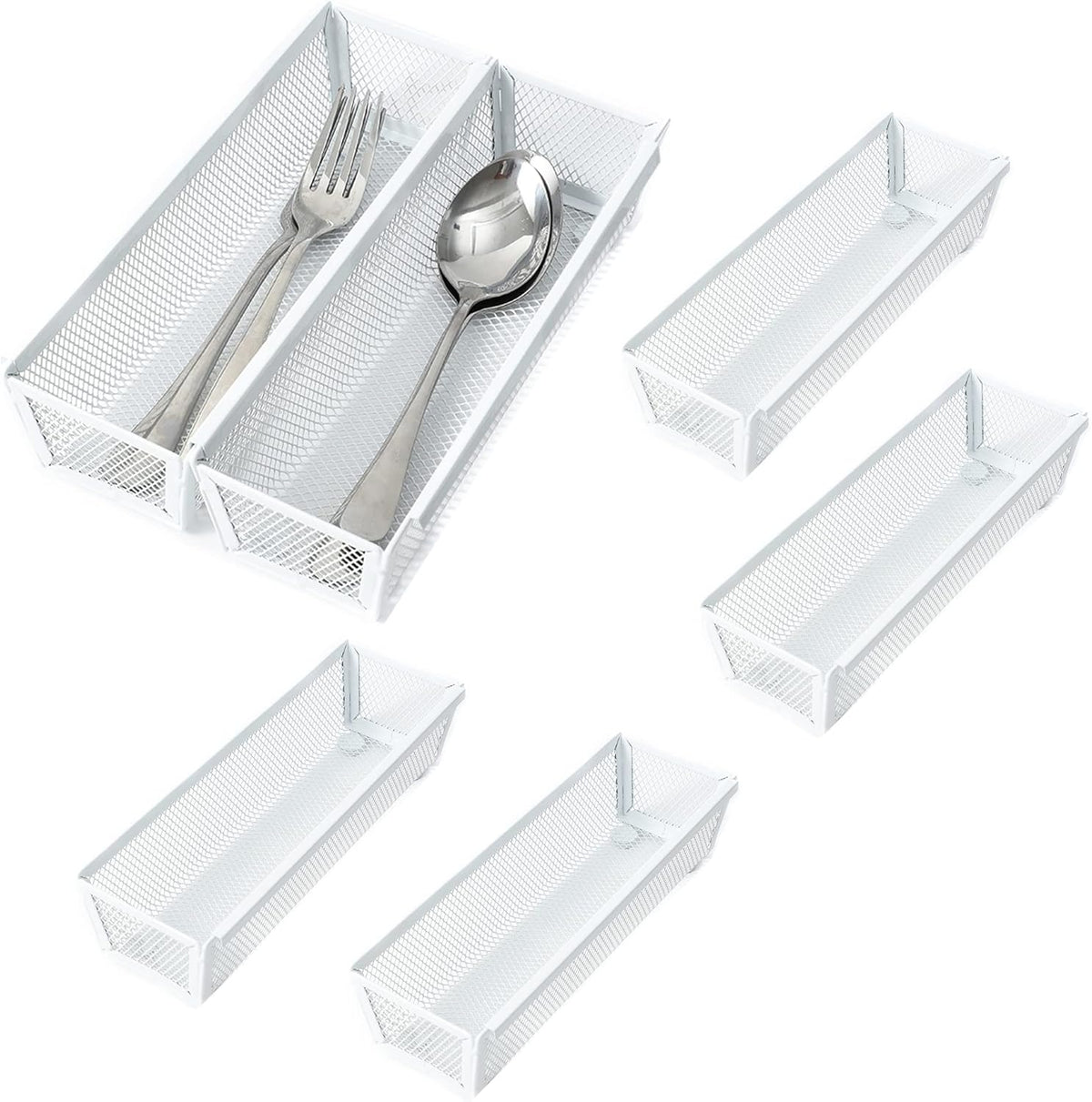 Mesh Tray Kitchen Drawer Utensil Cutlery Tray Office Supplies with Inter-locking Arm Drawer Dividers Organizer for Silverware, Flatware, Home,Office, School,Bedroom(9＂X3＂6pack) White