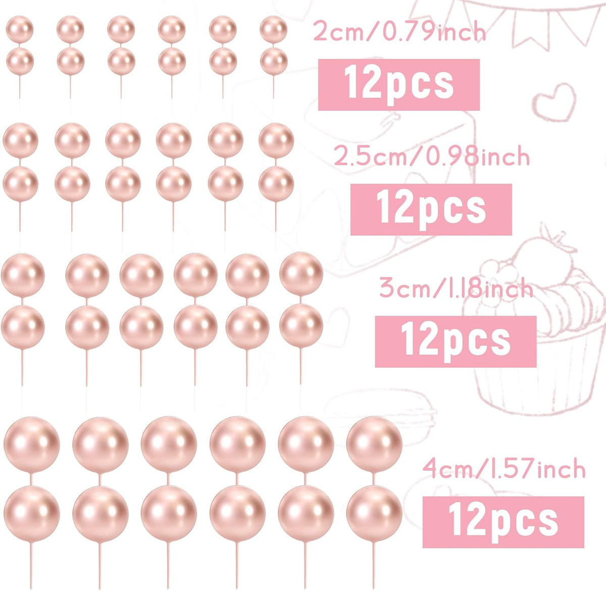 48 Pcs Balls Cake Topper Decorations Balloon Cupcake Toppers Foam Cake Topper Balls Cake Balls Decorations for Birthday Party Wedding Anniversary Cake Decorating (Rose Gold)