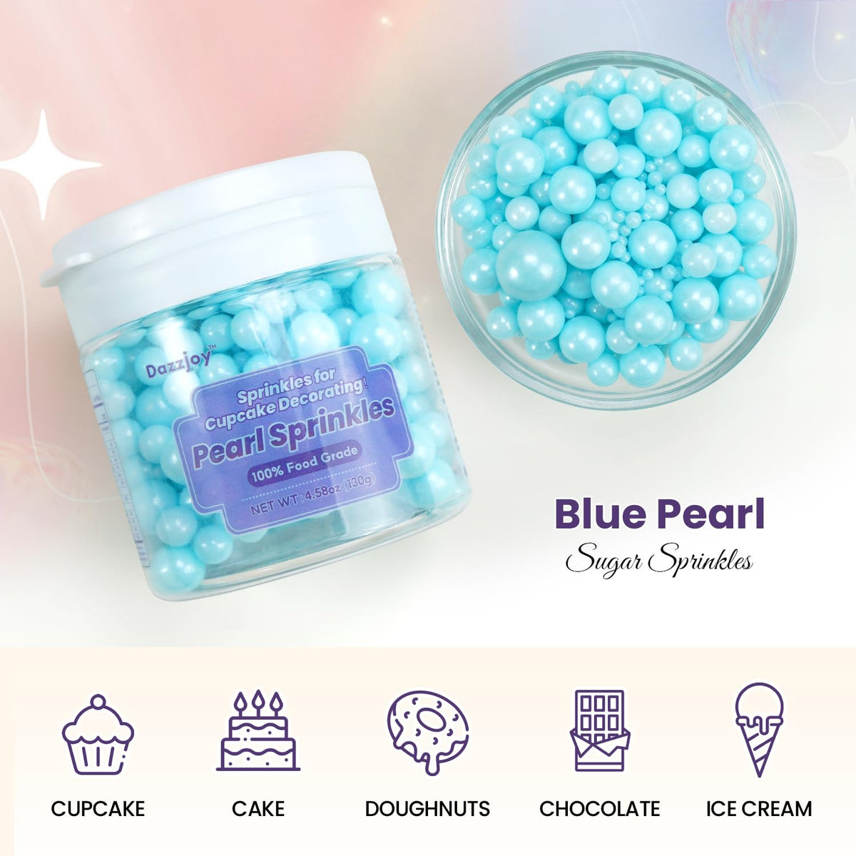 Dazzjoy Blue Edible Pearl, Edible Pearls Sugar Sprinkles, 130g/4.58oz, Blue Pearls Sprinkles for Cake Decorating, Cupcake Toppers