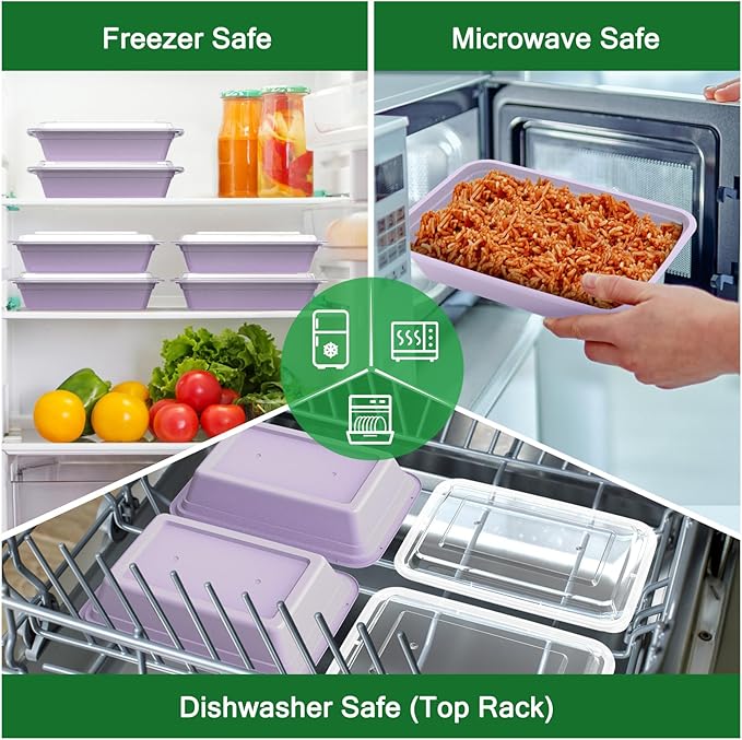50 Pack (100-Piece) 32 oz Meal Prep Containers Reusable with Easy Open Lids, Sturdy Leakproof Food Safe, Microwave Freezer Dishwasher Safe, To Go Take Out Plastic Food Storage Pans with Lids, Lilac