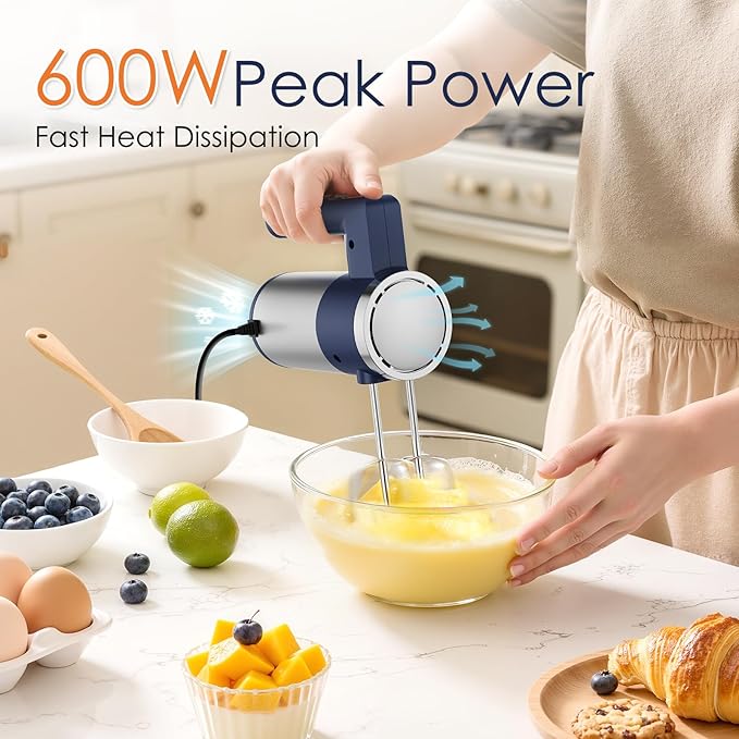 Powerful 600W Hand Mixer, 5-Speed Electric Hand Held Mixer for Baking, Lightweight Stainless Steel Hand Beaters *2 & Dough Hooks*2 with Eject Button, Kitchen Mixer for Cream, Cookies, Dough-Blue