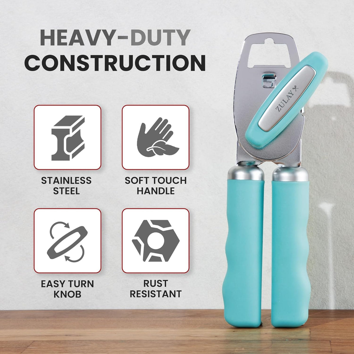 Zulay Kitchen Heavy Duty Stainless Steel Can Opener Manual with Bottle Opener - Rust Proof Manual Can Opener With Turn Knob & Comfy Soft Grip Handles - Teal