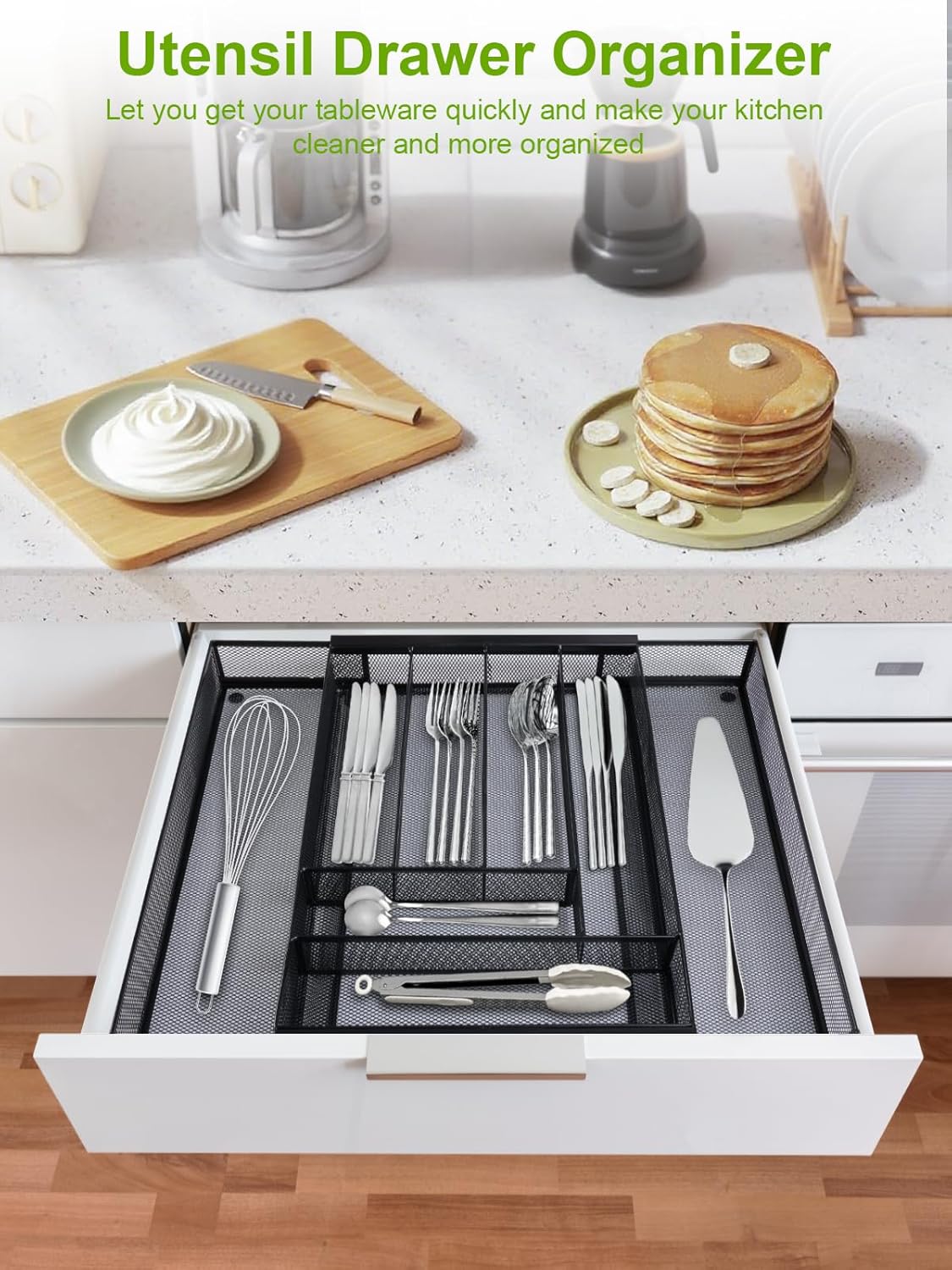 Silverware Organizer Metal Mesh, Large Drawer Organizer, Utensil Cutlery Tray for kitchen drawers, Expandable Flatware Organizer with 8 Compartment Black 11.6"~20" x 17.3"