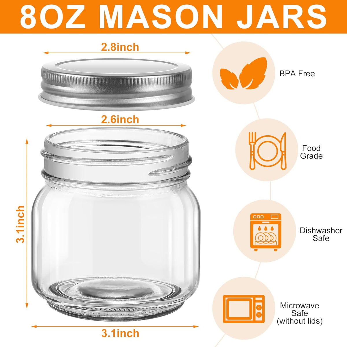 12 Pack Small Mason Jars with Labels, 8 oz Glass Jars with Metal Lids, Half Pint Canning Jars for Jelly, Jam, Honey, Pickles, Spice, Overnight Oats, Food Storage, Candle & DIY Present