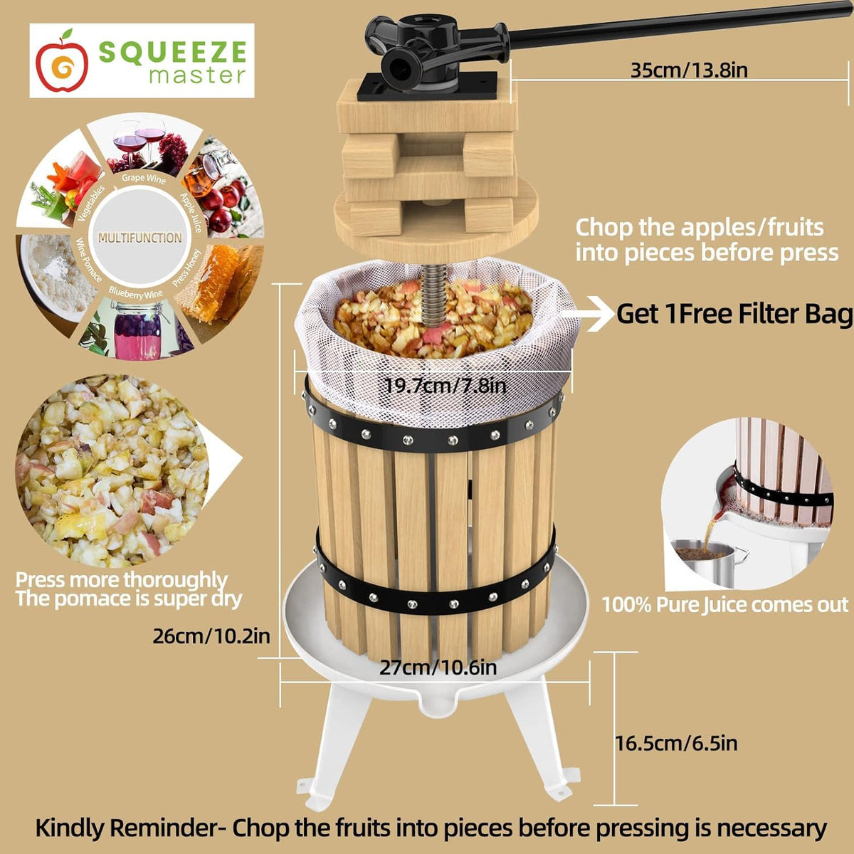 SQUEEZE master Fruit Press- 1.6 Gallon/6L-Solid Wood Basket Wine Press-Vintage traditional juicer-6 Press Wooden Blocks-Pole Handle Bar for Juice,Wine,Cider-1 free filter bag included