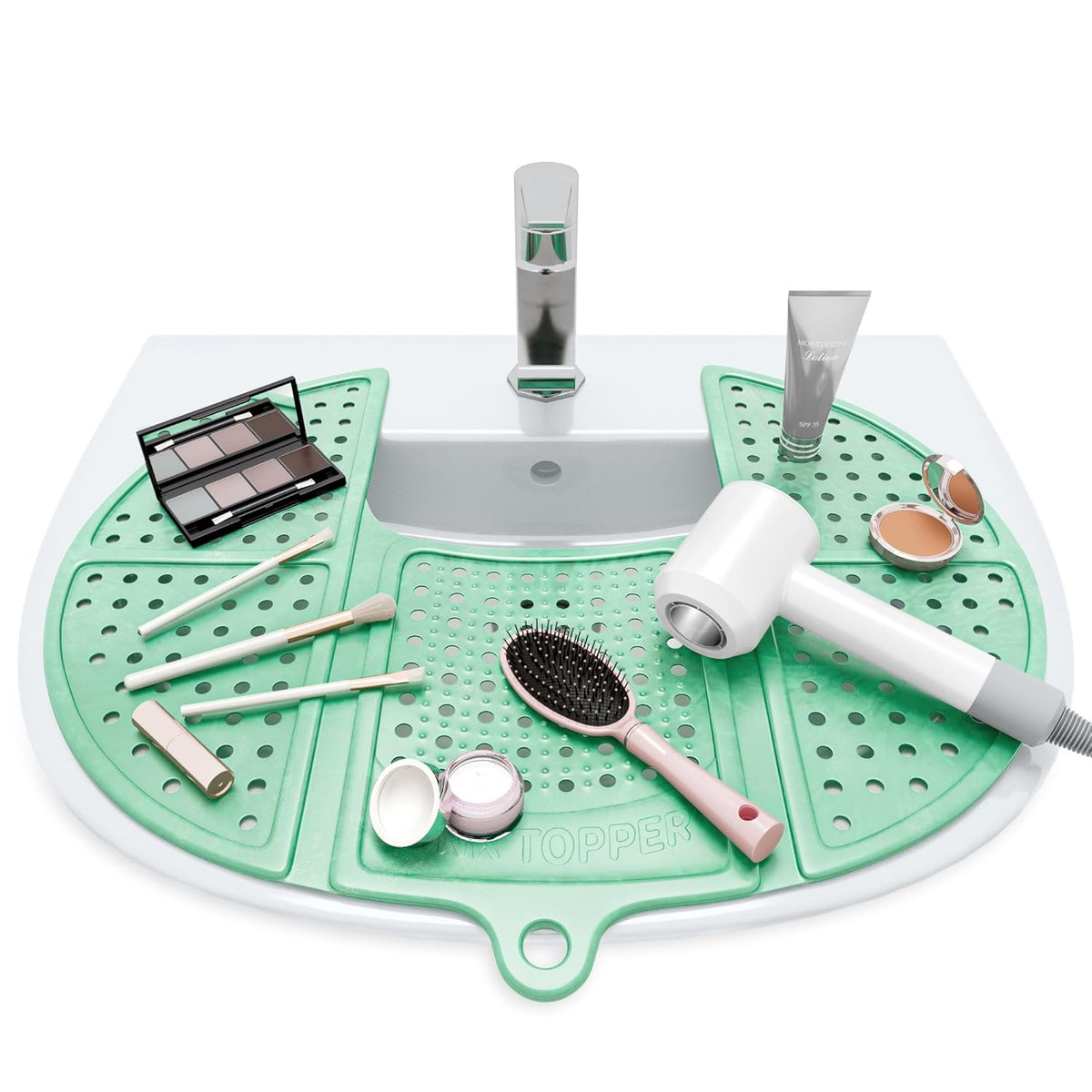Sink Topper Bathroom Counter Cover & Storage Saver, Foldable Silicone Mat for Hot Tools, Hair Styling & Makeup, Beauty Brush Cleaning Mat, RV Camper Sink Cover & for Small Spaces (Standard Green)