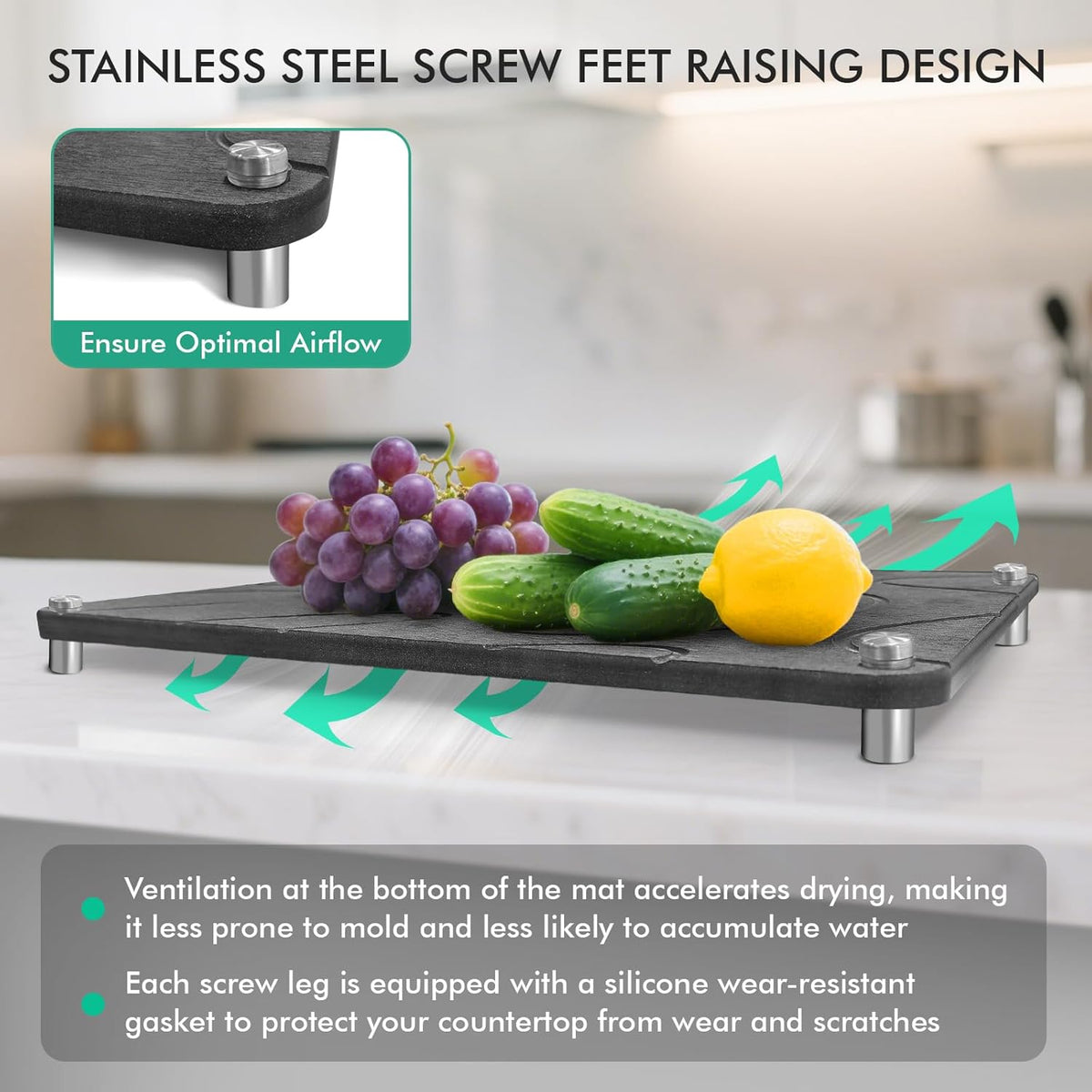 Stone Drying Mat For Kitchen Counter Superb Absorbent Diatomaceous Earth Mats with Non-Slip Feet Quick Dry Stone Dish Drying Pad Dish Pad Multi-Purpose(Flow Line-DarkGrey, 15.7" x 11.8")