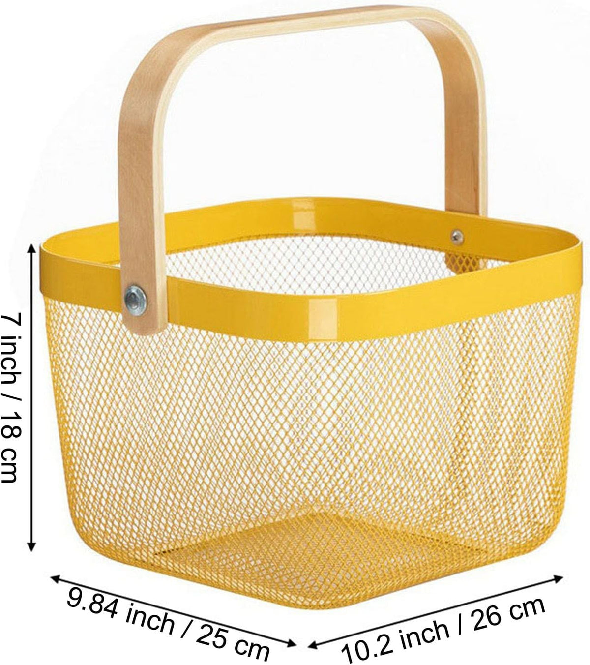 Metal Mesh Steel Basket, Storage Organizer Basket Multi-functional Hanging Kitchen Baskets Fruit Baskets with Wooden Handle for Kitchen Bathroom Picnic Shopping Decor Cabinet Home, Yellow