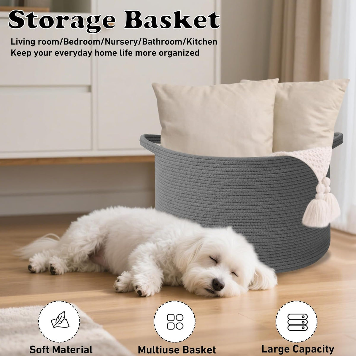 Large Blanket Basket for Organizing,65L Closet Organizers and Storage Bins Box for Shelves Woven Rope Storage Baskets,Living Room,Bedroom,Dorm,Laundry room (Dark Grey)