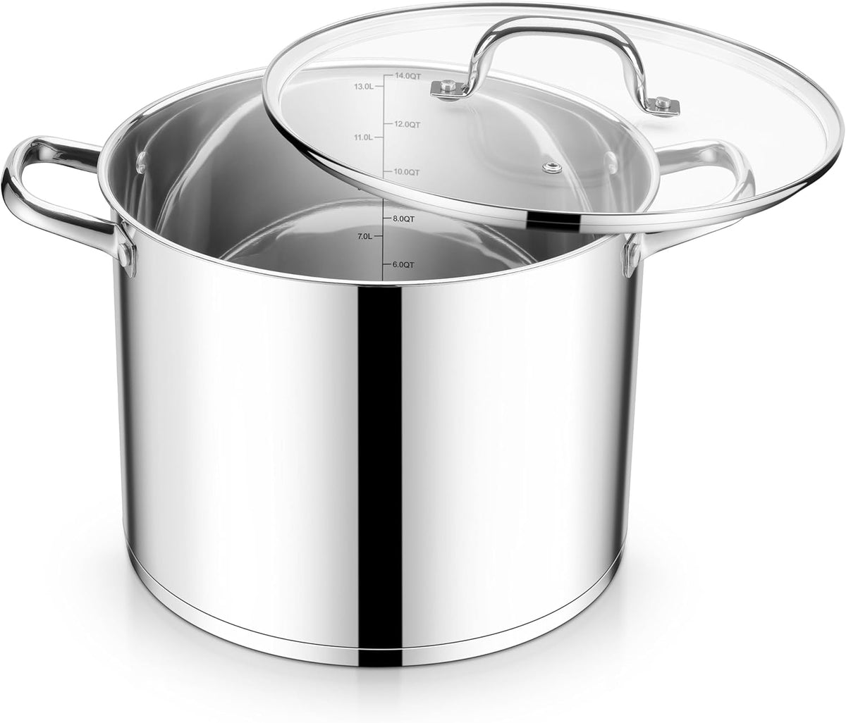 E-far 14 Quart Stainless Steel Stock Pot, Heavy Duty Induction Stockpot with Glass Lid for Cooking Soup Canning, Thick Tri-Ply Bottom & Riveted Handles, Compatible with All Stoves, Dishwasher Safe