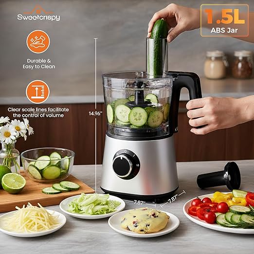 Sweetcrispy Food Processor Blender Combo for Vegetable, Dough, Electric Food Processors Slicing, 6 Cup Chopper for Meat, Puree, 2 Speeds, Sharp Blades, Safety Lock with 1.5L Glass Jar