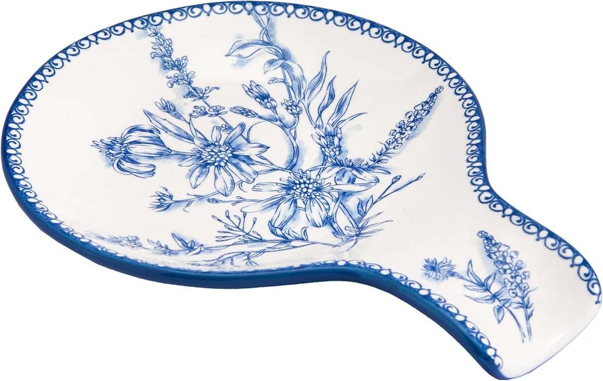 Bico Blue Garden Toile De Jouy Spoon Rest for Stove Top, Ceramic Spoon Holder for Kitchen Counter, Easy to Clean Coffee Spoon Rest Dishwasher Safe, Kitchen Cooking Utensil Rest for Ladles Spatula