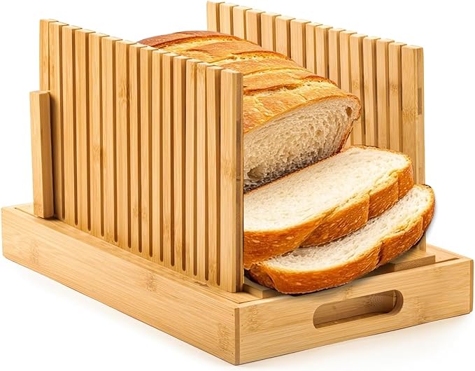 Bread Slicer for Homemade Bread, Bamboo Bread Slicing Guide Adjustable Width, Foldable and Compact Cutting Guide with Crumb Tray for Cakes, Bagels, Loaves, Kitchen Gadgets & Gifts (Knife Not Included)