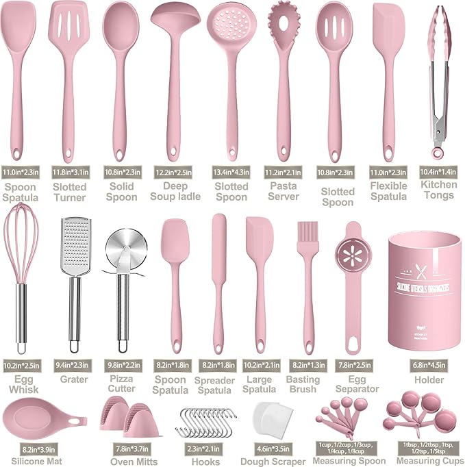 Silicone Cooking Kitchen Utensil Set, AIKKIL 43 Pcs Pink Cooking Utensils Set, Turner, Tongs, Spoon, Spatula, Kitchen Gadgets Tools Set For Nonstick Cookware, Heat Resistant (Dishwasher, BPA Free)