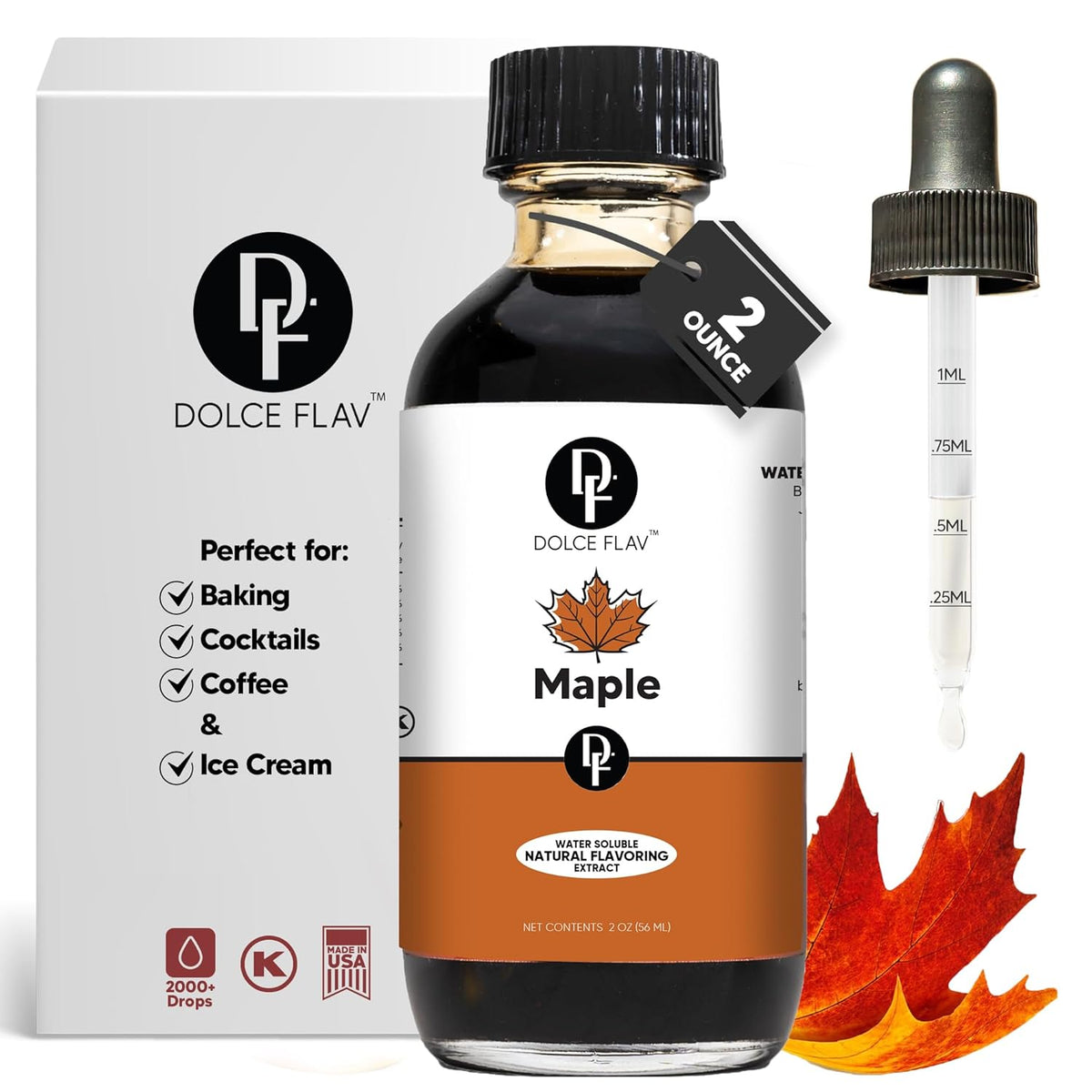Dolce Flav Maple Extract - 2 Ounce Water-Soluble Multipurpose Flavoring Ideal for Baked Goods, Beverages, Coffee, Desserts & Ice Cream - Perfect Kitchen Gift for Holidays