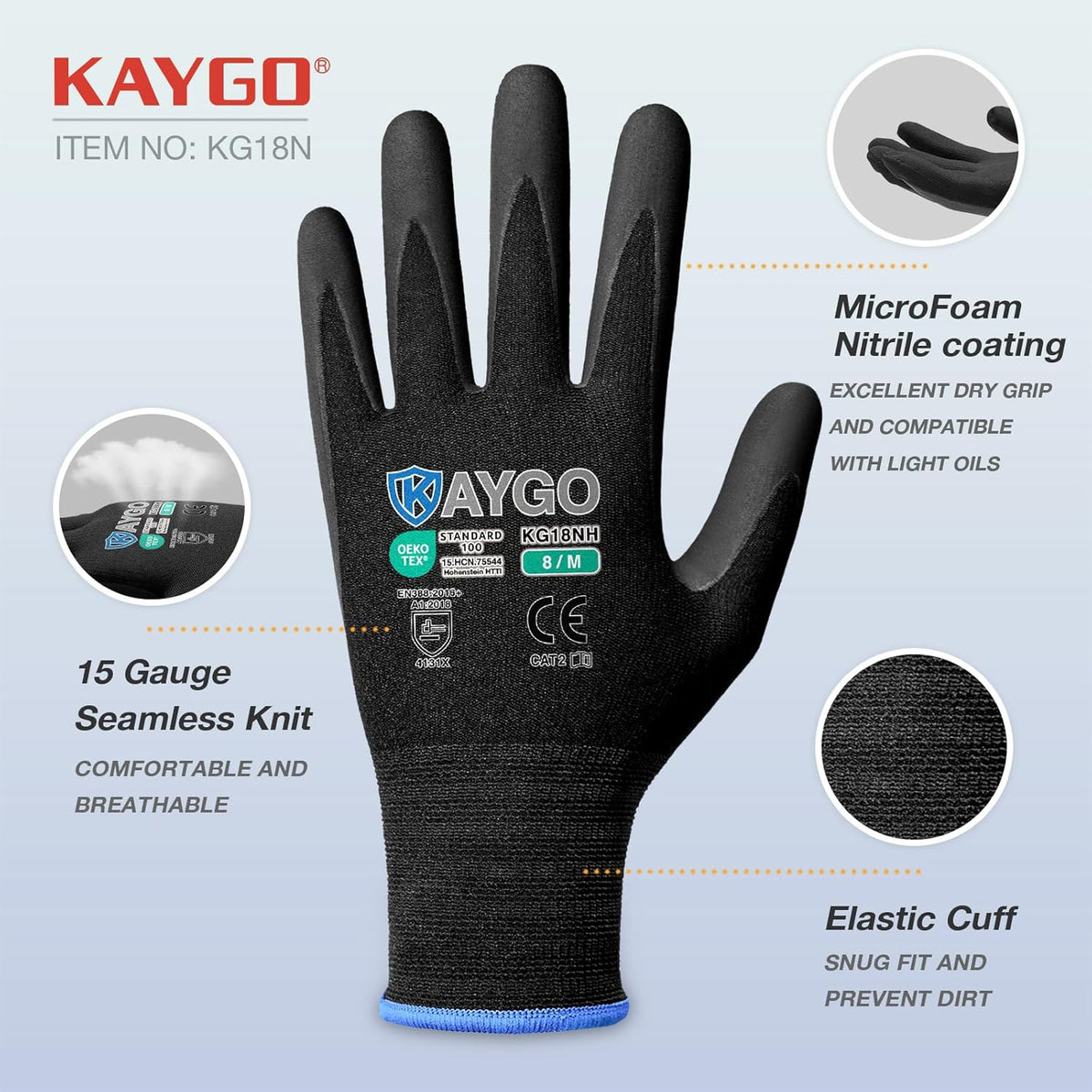 KAYGO Safety Work Gloves MicroFoam Nitrile Coated, 12 Pairs KG18NB,Seamless Knit Nylon Glove with full fingers Touchscreen, Ideal for Automotive,Warehouse,Construction (XL, Black)