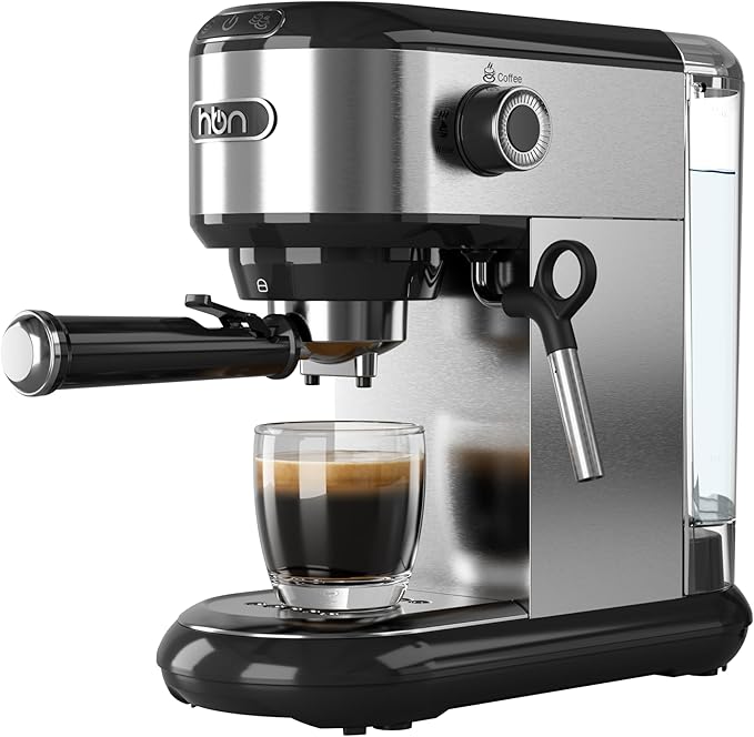 HBN 20 Bar Espresso Machine with Milk Frother, Compact Espresso Maker for Ground Coffee, Stainless Steel Coffee Machine with Steam Wand & 34oz Removable Water Tank, 1450W for Home & Office