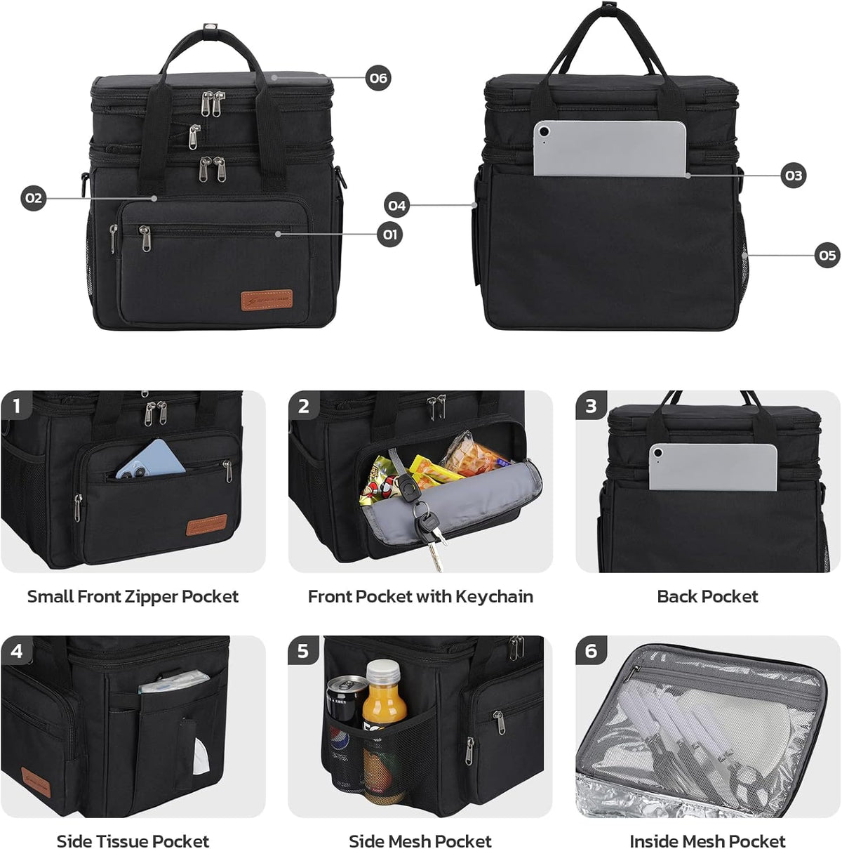 Maelstrom Lunch Box, 23L Insulated Lunch Bag, Expandable Double Deck Cooler Bag, Lightweight Leakproof Tote Bag With Side Tissue Pocket, Suit For Men and Women, Black