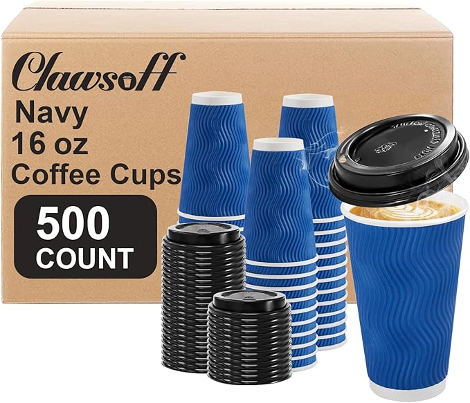 500 Pack Coffee Cups with Lids 16oz, Disposable Insulated Ripple Wall To Go Paper Coffee Cups for Hot/Cold Drinks Office Home Shop Event (Navy)