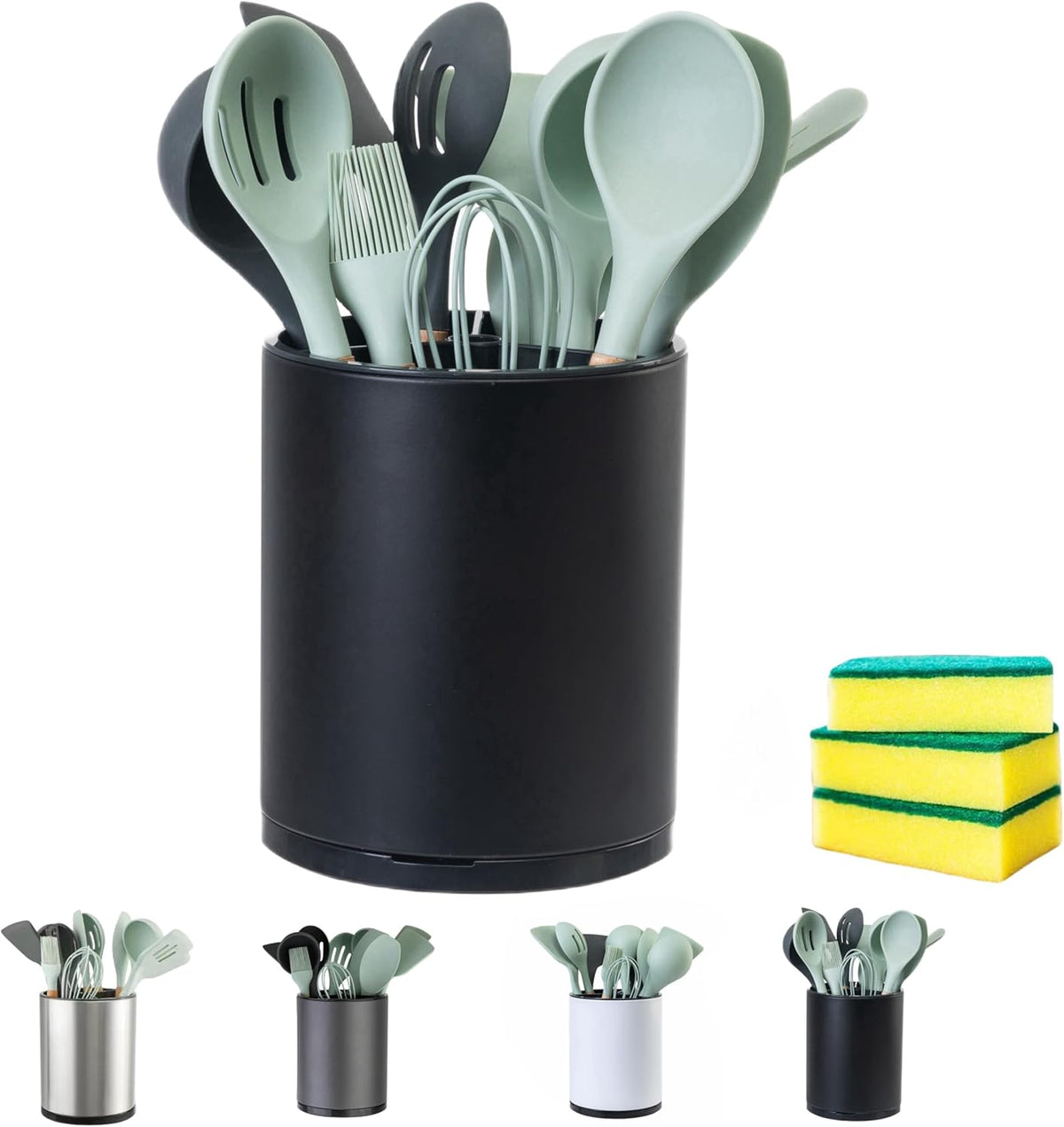 Utensil Holder,4-in-1 Large Kitchen Utensil Holder For Counter,Rotating Silverware Organizer Cooking Flatware Spoon Spatula Tool Cutlery Container Stainless Steel Caddy