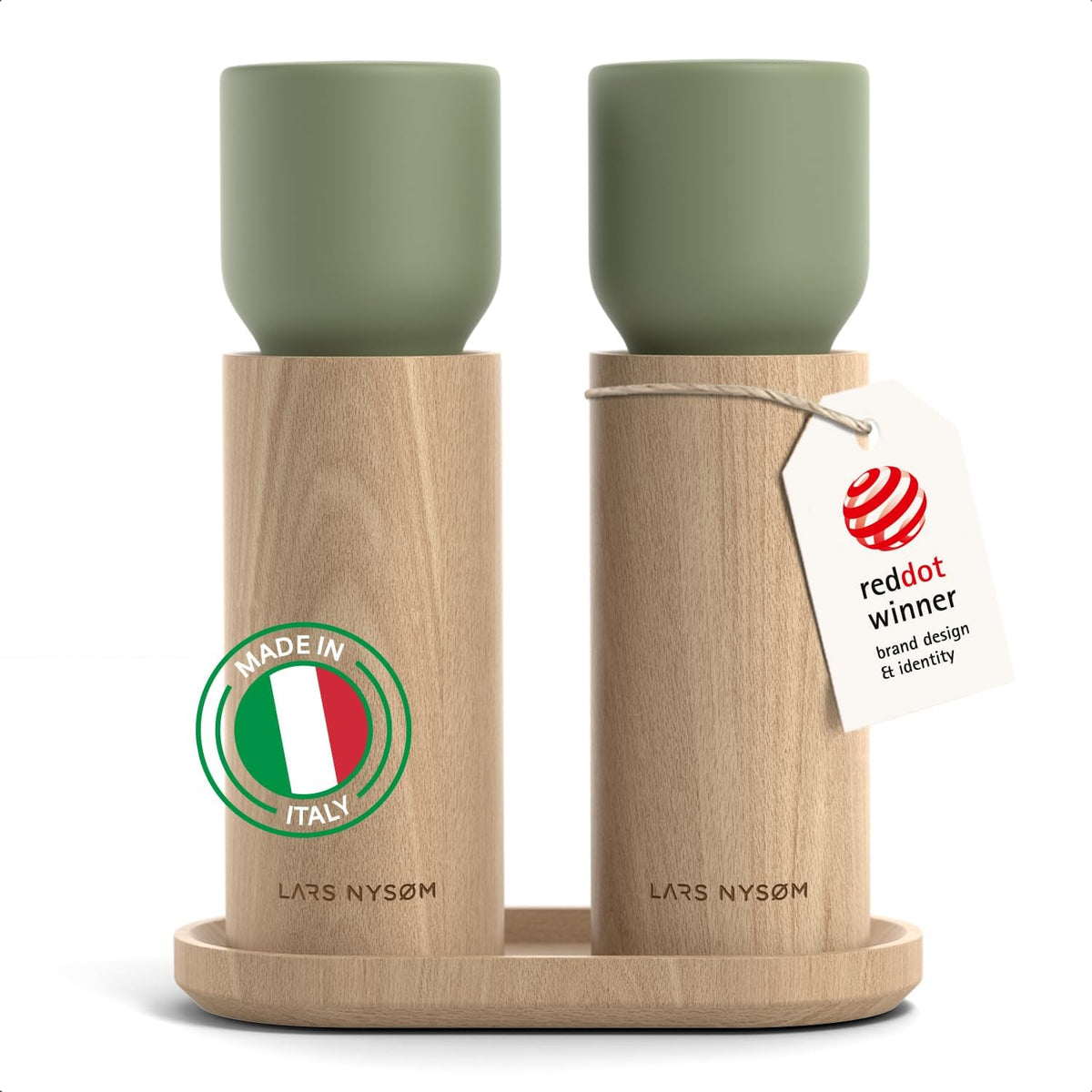 LARS NYSØM Wooden Salt and Pepper Grinder Set Manual with Tray - Salt and Pepper Mills with Adjustable Ceramic Grinder - Elegant Beechwood Pepper and Salt Mill Set for Dining Table (Sage Green)