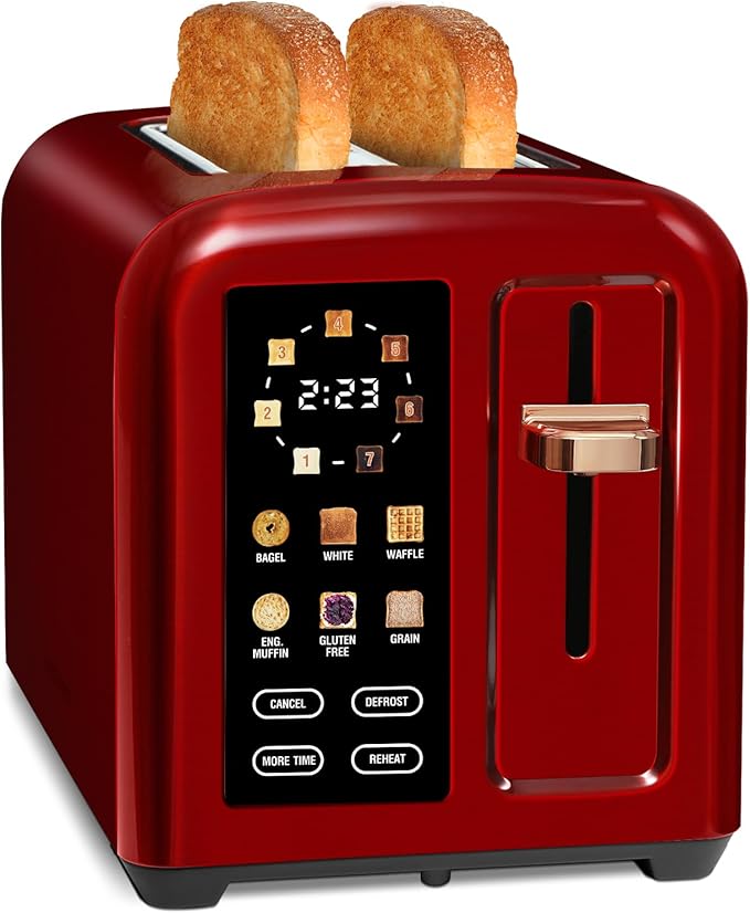 SEEDEEM Toaster 2 Slice, Touch Control Stainless Toaster LCD Display, 50% Faster Heating Speed, 1.4'' Wide Slots, More Timer Functions, Removable Crumb Tray, 1350W, Dark Cherry