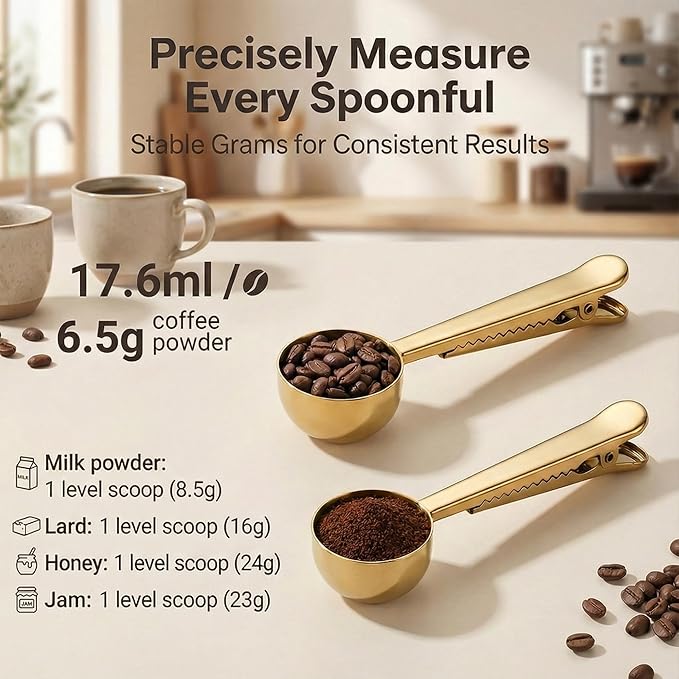 Li&Zhao Stainless Steel Coffee Scoop with Clip - Coffee Scoop for Ground Coffee, Precision Coffee Measuring Scoop, Tablespoon Stainless Steel Scoop for Coffee, Tea, Protein Powder (Gold)