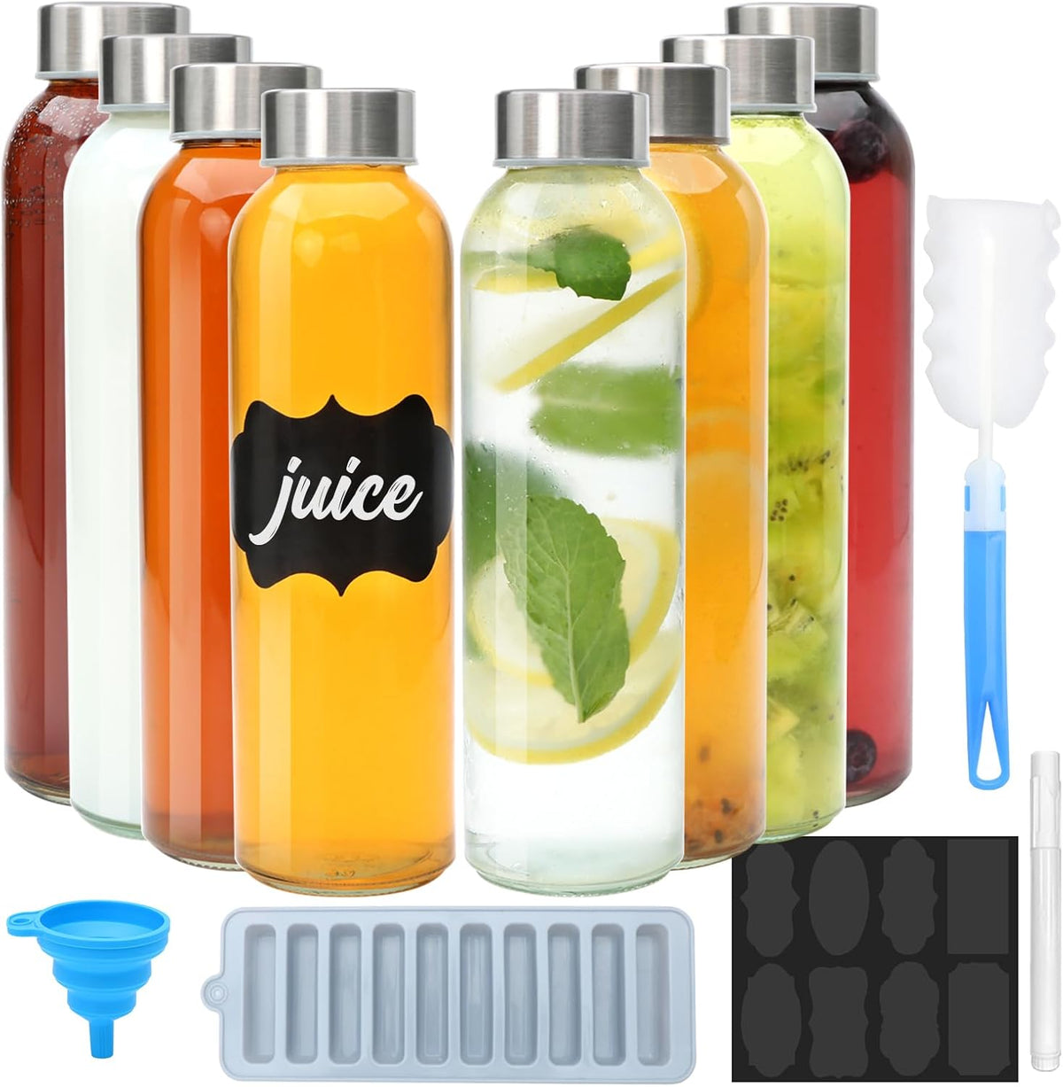 Brajttt Glass Juice Bottle with Lids,16oz Juicing Bottles Reusable, Clear Glass Water Bottles 16 oz with Stainless Steel Airtight Cap,Juice Beverage Container, Leak Proof，Set of 8