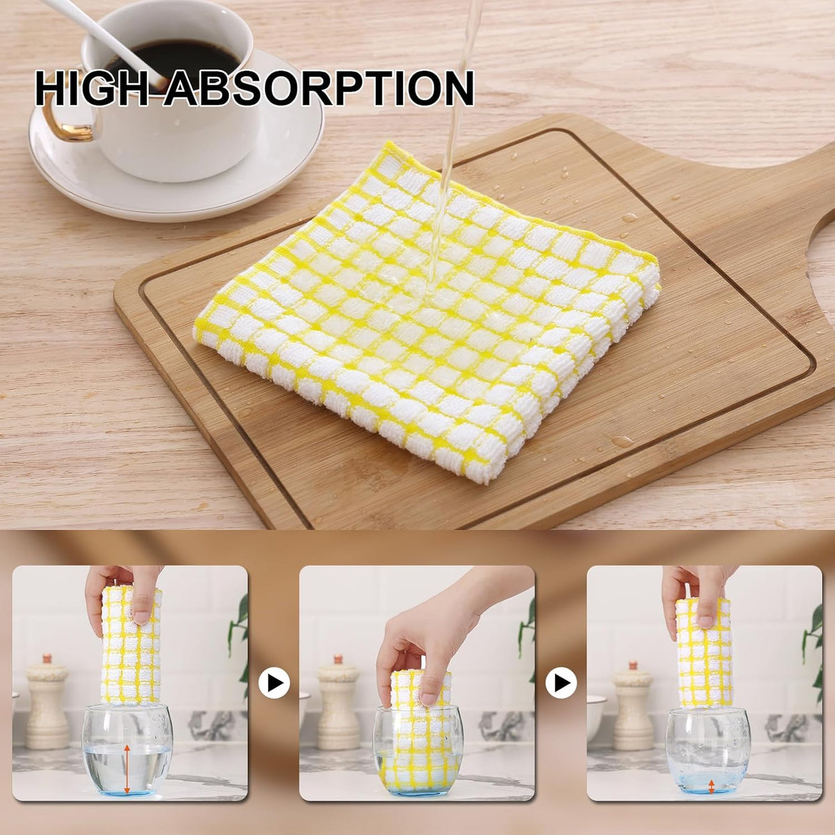 Kitinjoy Cotton 12 Pack Kitchen Towels and Dishcloths Sets, 16 x 25 Inch & 12 X 12 Inch Dish Towels Bulk, Super Soft and Absorbent Hand Towels for Kitchen Drying, Yellow