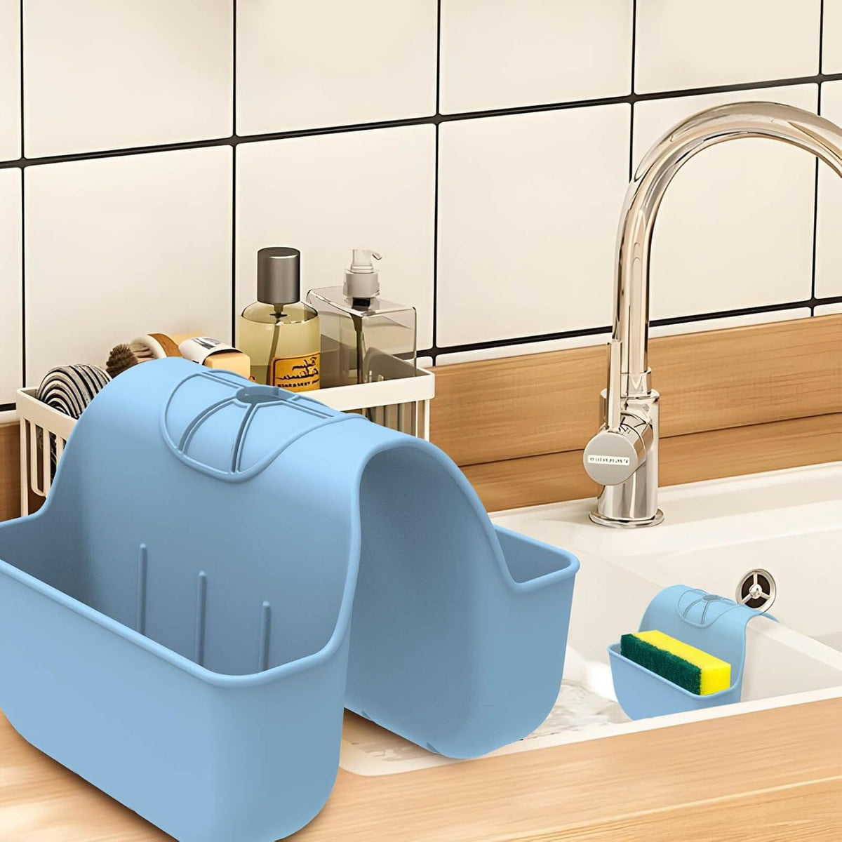 Sponge Holder for Kitchen Sink, Silicone Sink Saddle Caddy Organizer Rack, Sponges Holder Over Faucet, Hanging Kitchen Organizer Accessories Rack Basket Light Blue