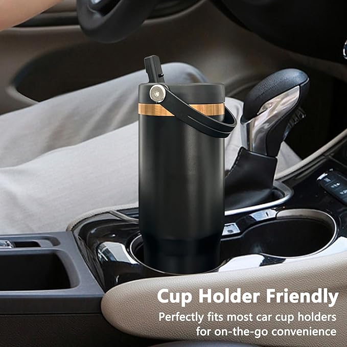 30 oz Tumbler Bulk with Handle and Straw, Vacuum Insulated Tumblers with Flip Straw and Top Handle, Leakproof Powder Coated Tumbler, Stainless Steel Travel Mug for Coffee Water (Black, 8 Pack)