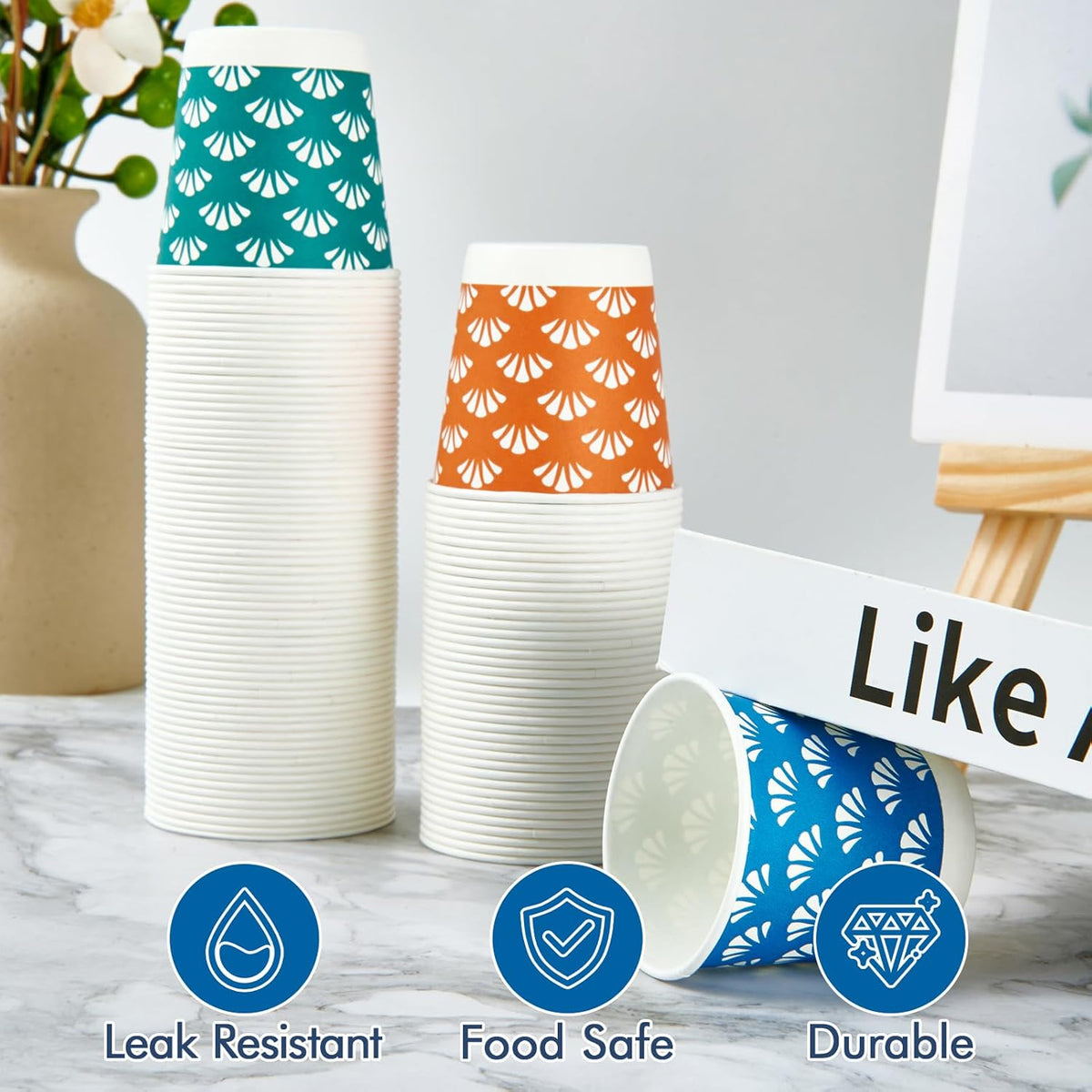JollyPack 1200 Pack 3 oz Disposable Bathroom Paper Cups, Small Mouthwash Cups in Orange, Blue, and Green, Great for Candy, Biscuits, Bathroom Use, Parties, Picnics, and Travel