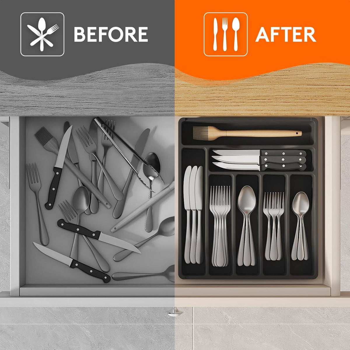 Lifewit Silverware Drawer Organizer Tray, Plastic Cutlery Storage for Kitchen Drawer, Flatware and Utensil Holder Divider for Spoons Forks Knives Tableware, 7 Compartment, Black