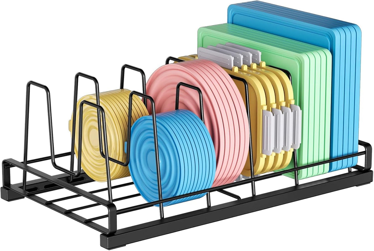 Food Container Lid Organizer for Cabinet, 6 Adjustable Dividers Metal Pot Lid Organizer, Pots and Pans Organizer Under Cabinet Storage Plastic Lids Pots Cookie Sheets for Cabinets, Cupboards, Drawers