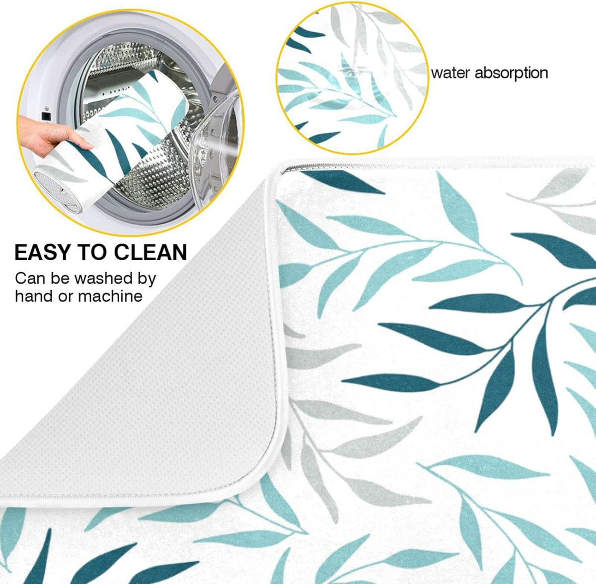 Blue Grey Olive Leaves Dish Drying Mat for Kitchen Counter Absorbent Microfiber Drying Pad, Medium 16x18 in, Reversible Drainer Mats