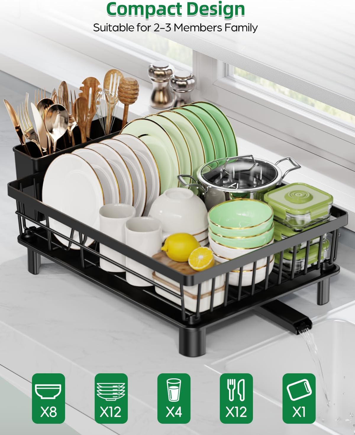 Dish Drying Rack, Stainless Steel Drainer Rack with Drainboard with Smart Drainage System, Space Saving Dish Strainer for Kitchen Counter with Cutlery Holder, Black