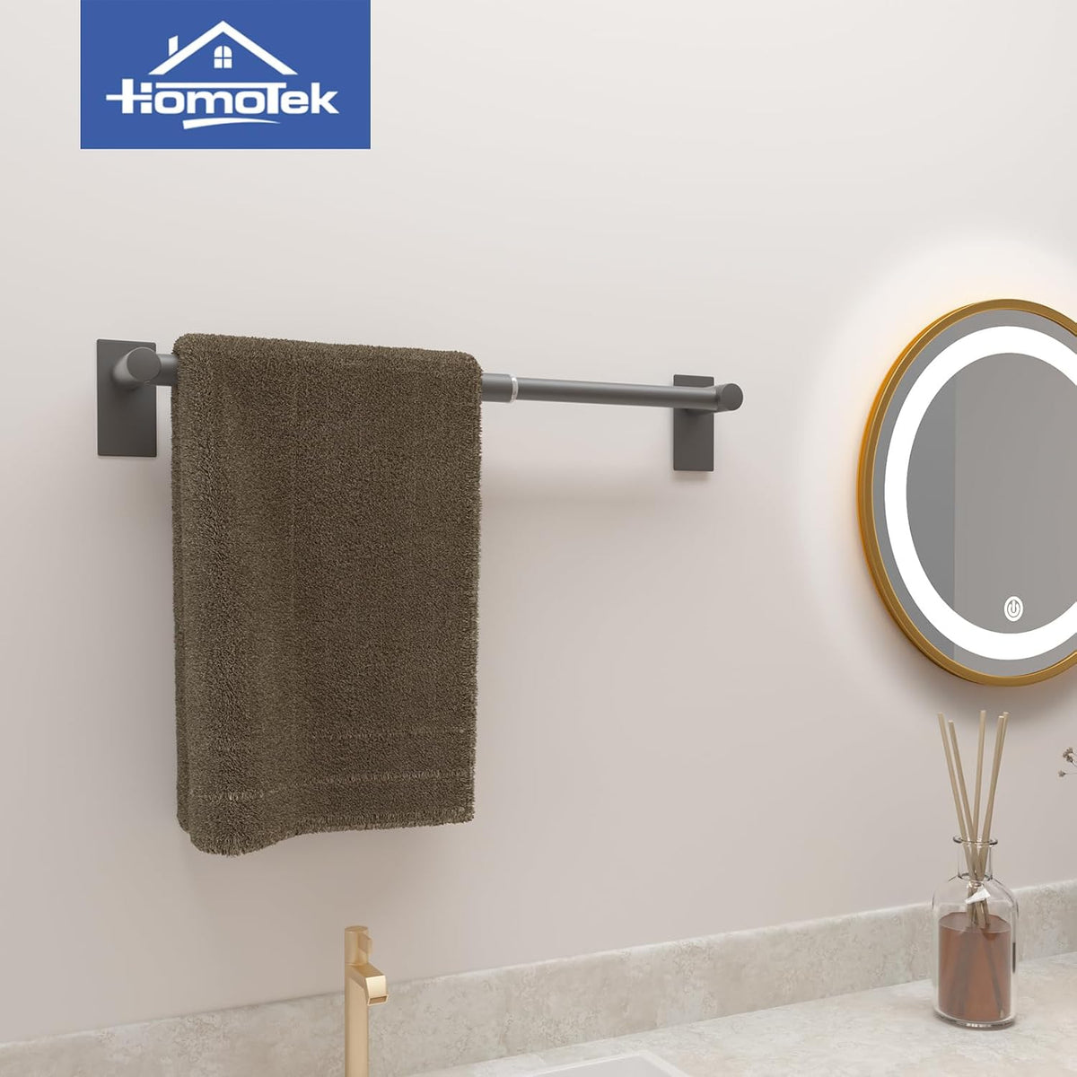 2 Pack Adhesive Adjustable Towel Bar, Economical Self Stick Bathroom Towel Holders, HOMOTEK Bathroom Rod Size from 14 Inch to 24.5 Inch Single Hanger for Kitchen(Thickened Matte Black)