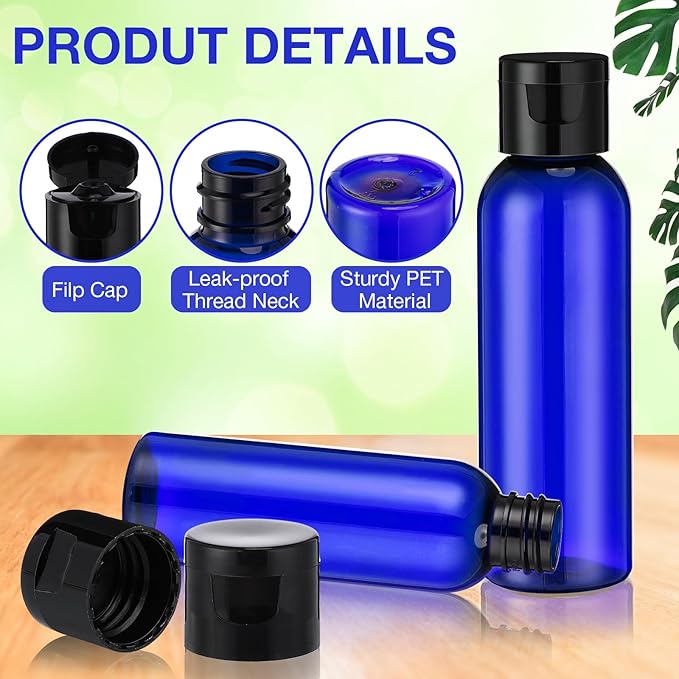 Zhehao 200 Pcs 2 oz Blue Plastic Empty Bottles Small Travel Size Bottles with Flip Cap Empty Transparent Dispenser Container for Liquids Toiletries Shampoo Lotion (Black Cap)