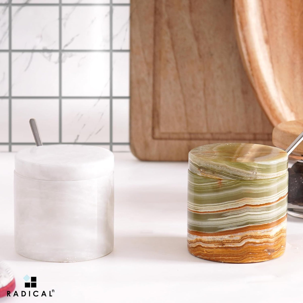 Radicaln Marble Salt Cellar With Lid and Tray 3" Inch White and Green Set of 2 Salt Container for Living Room, Ideal Salt Bowl For Kitchen countertop